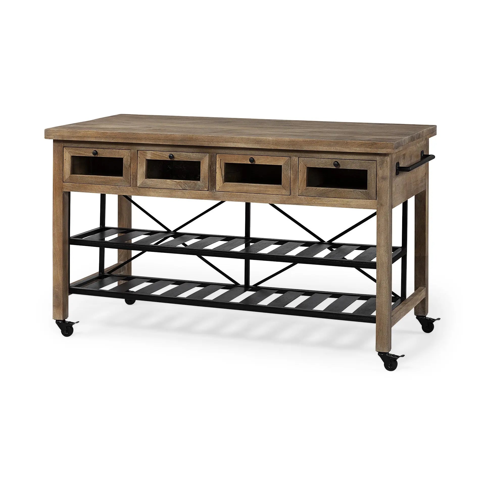 Brown Solid Wood Top Kitchen Island With Two Tier Black Metal Rolling HomeRoots