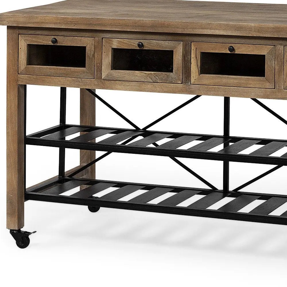 Brown Solid Wood Top Kitchen Island With Two Tier Black Metal Rolling HomeRoots