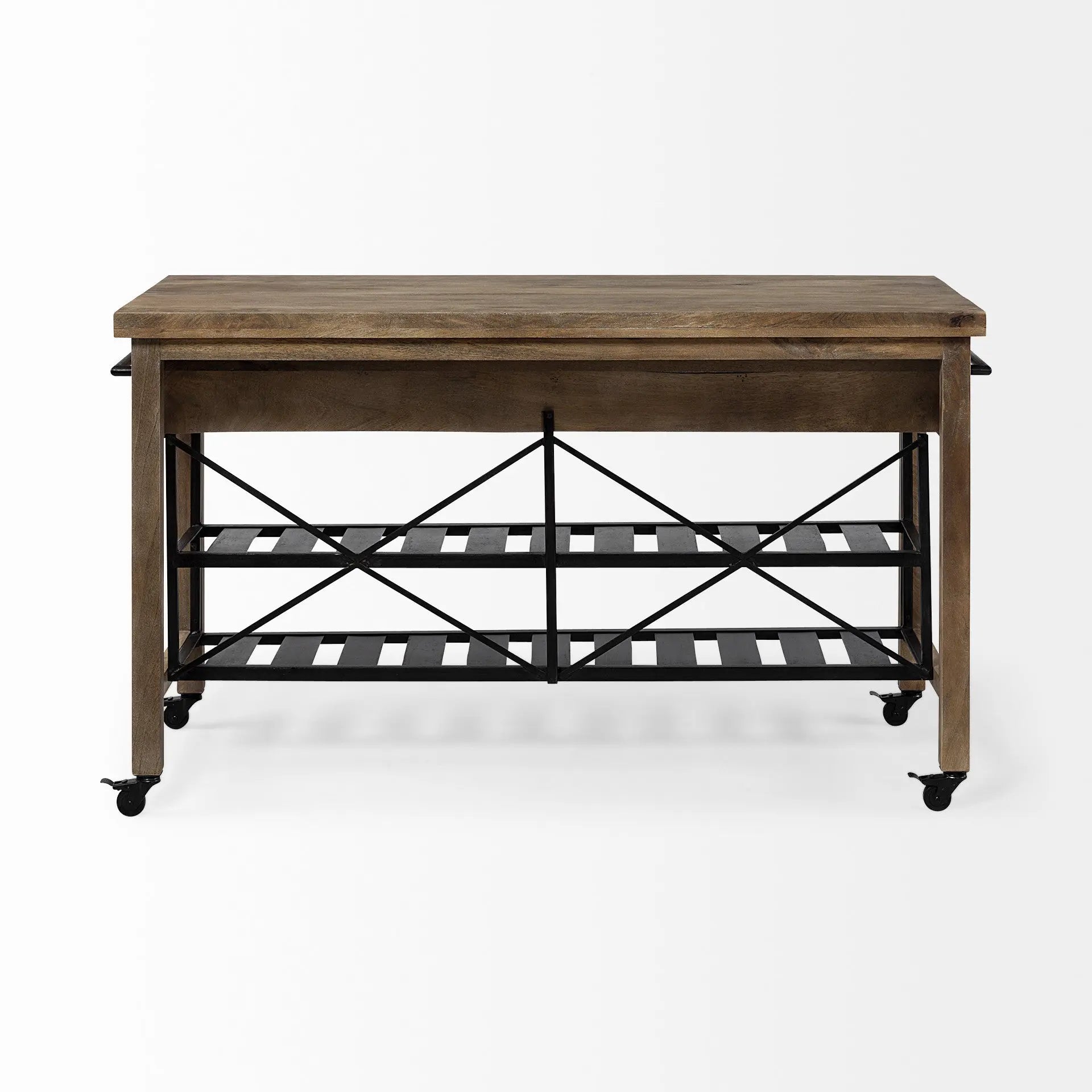 Brown Solid Wood Top Kitchen Island With Two Tier Black Metal Rolling HomeRoots