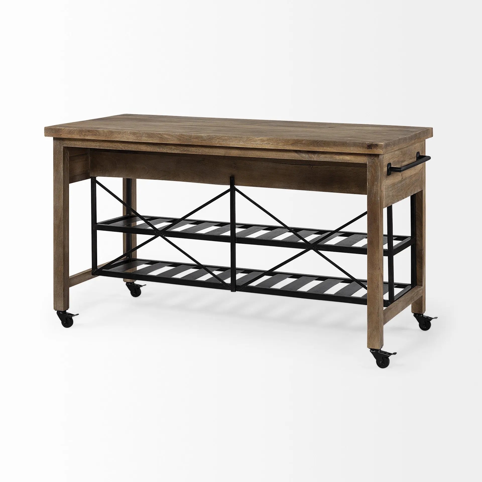 Brown Solid Wood Top Kitchen Island With Two Tier Black Metal Rolling HomeRoots