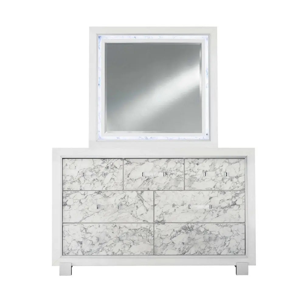 Modern White Chest With 5 Faux Marble Detailed Front Drawer.