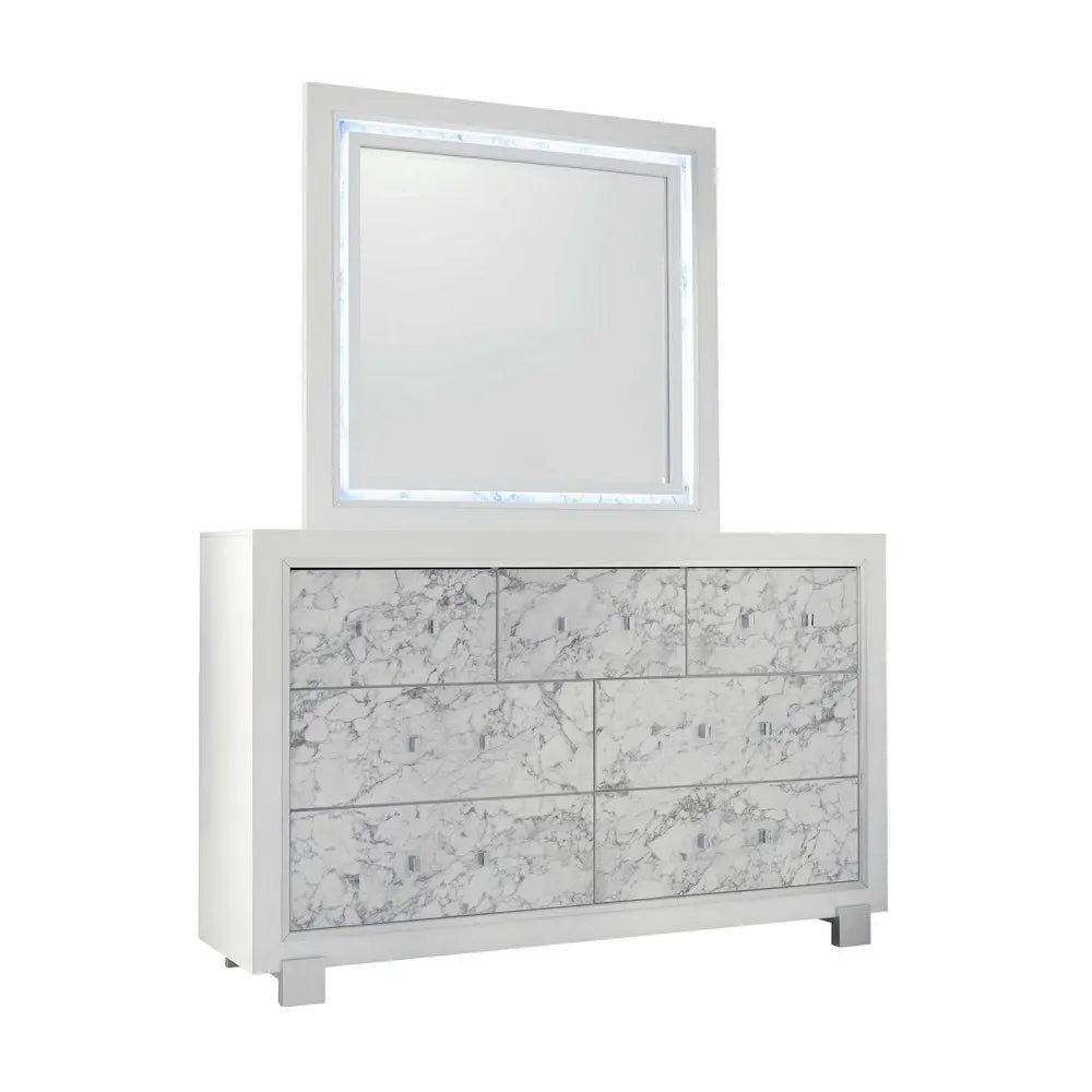 Modern White Chest With 5 Faux Marble Detailed Front Drawer.