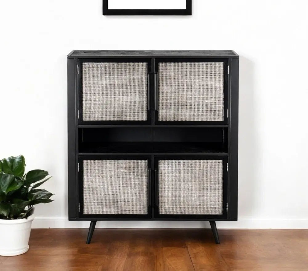 51" Black And Natural Wood And Rattan Accent Cabinet HomeRoots