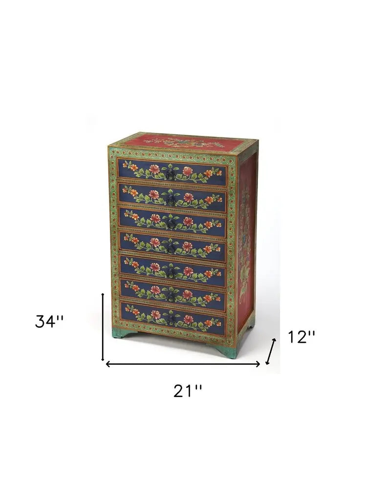 21" Blue and Green Solid Wood Seven Drawer Standard Chest HomeRoots