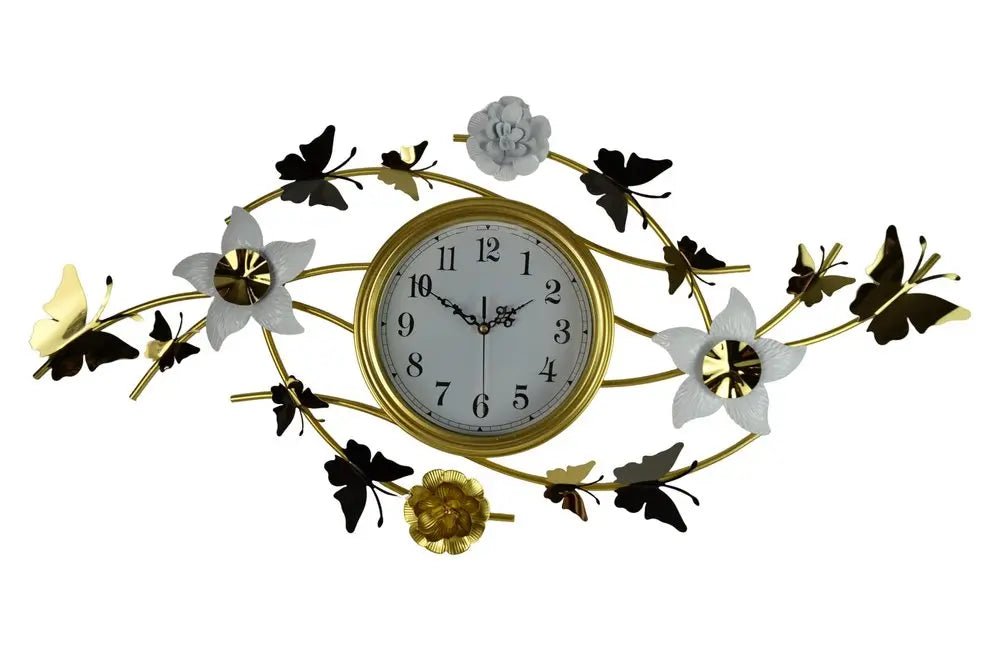 39" Gold And White Metal Silent Analog Butterfly Novelty Wall Clock HomeRoots