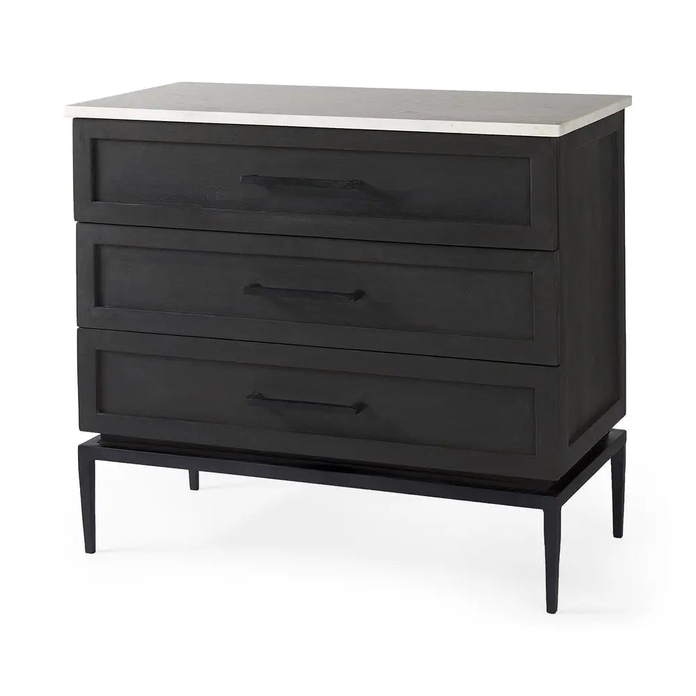 36" Black And White Solid Wood And Marble Three Drawer Dresser