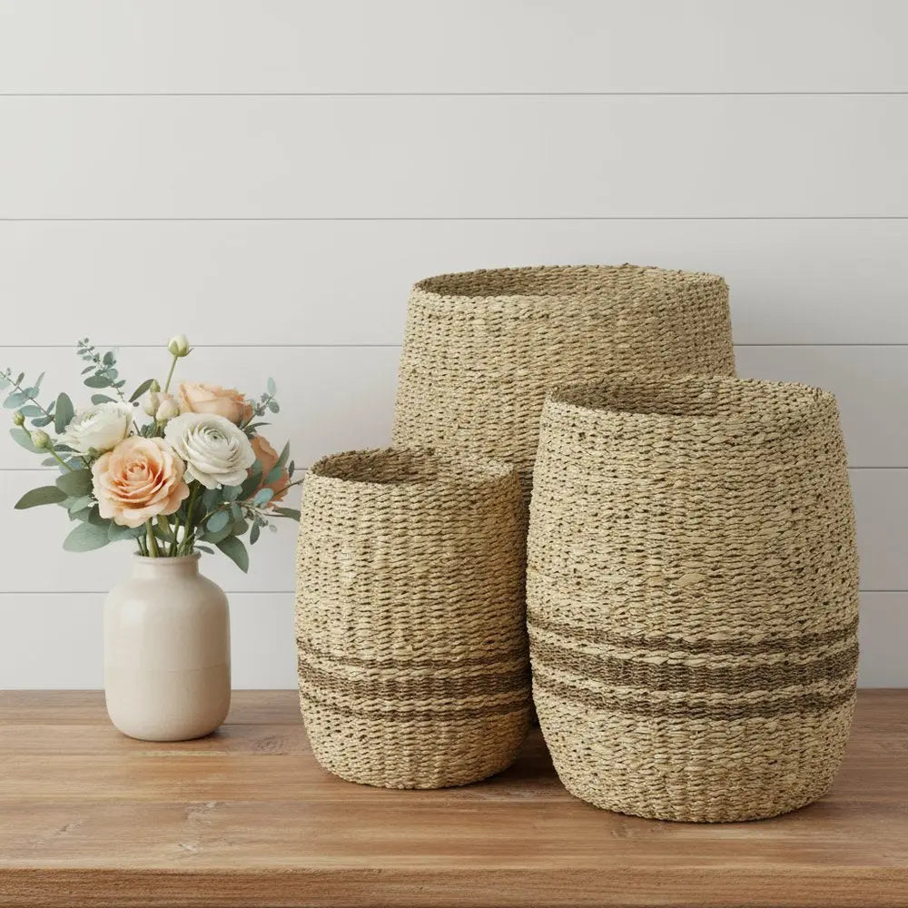 Set of Three Natural And Brown Wicker Basket HomeRoots