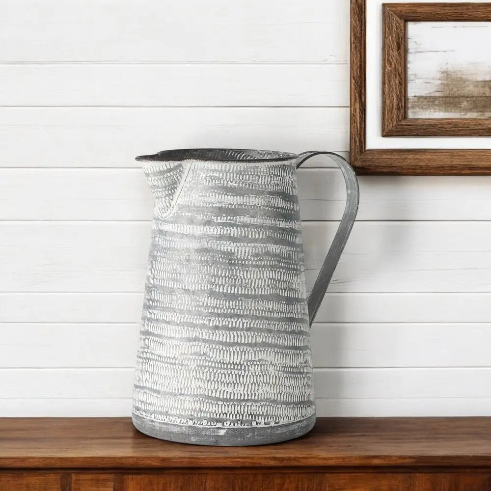 11" Gray and White Abstract Metal Jug Vase
