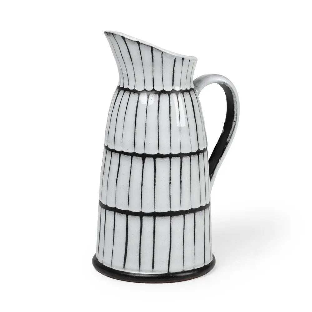 13" Black And White Ceramic Cylinder Jug Vase With Sculptural Details