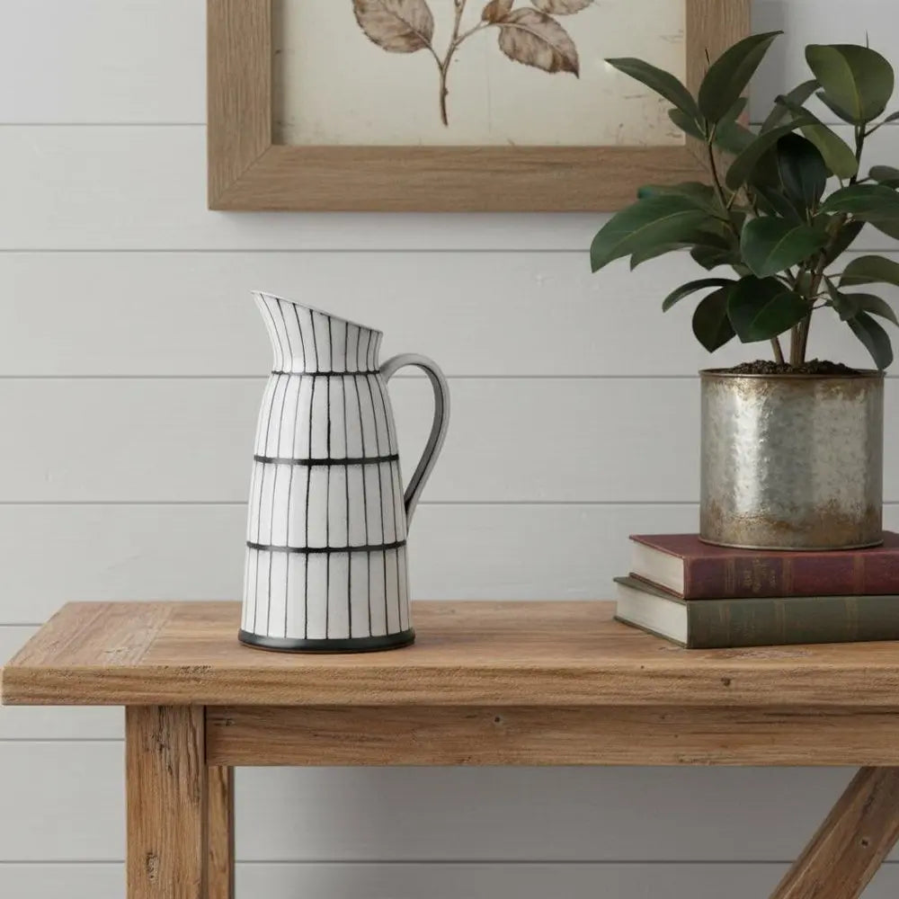 13" Black And White Ceramic Cylinder Jug Vase With Sculptural Details