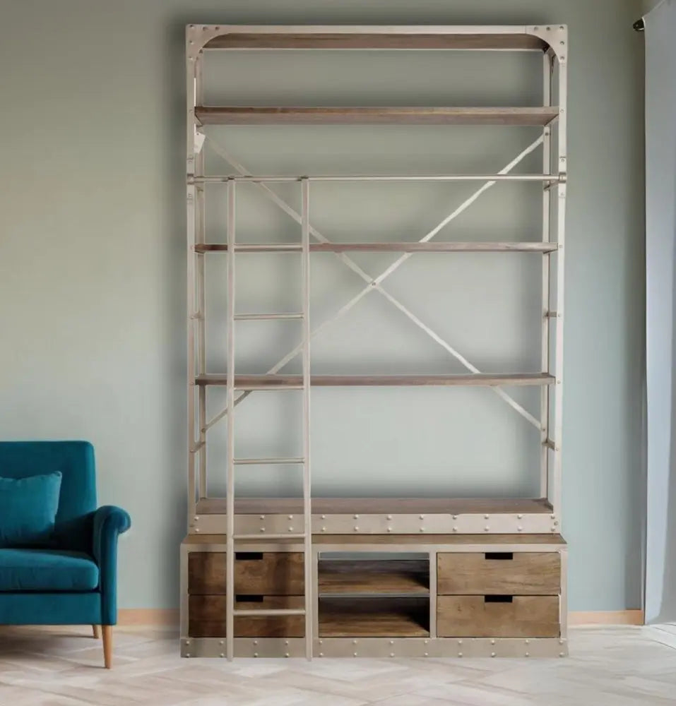 Brown Nickel and Solid Wood Six Tier Bookcase with Four Drawers HomeRoots