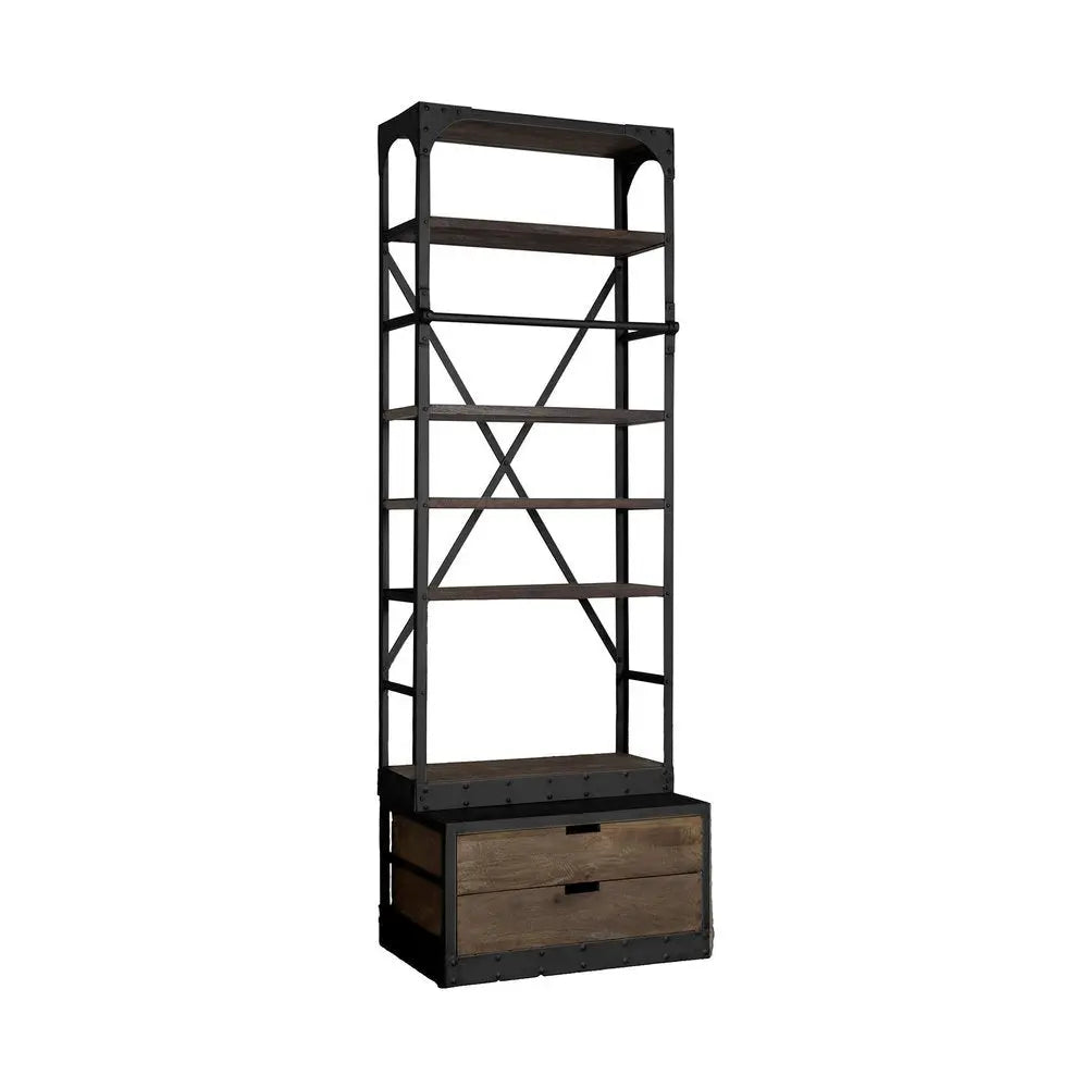 Black Iron and Solid Wood Five Tier Bookcase with Two Drawers HomeRoots
