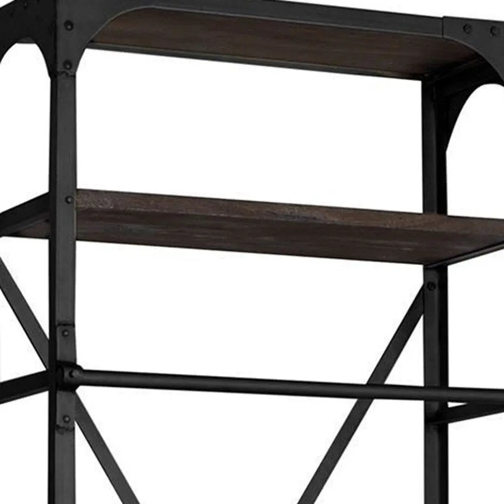 Black Iron and Solid Wood Five Tier Bookcase with Two Drawers HomeRoots