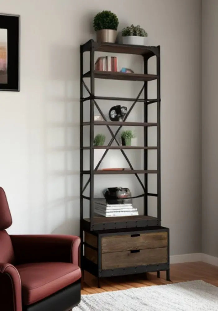 Black Iron and Solid Wood Five Tier Bookcase with Two Drawers HomeRoots