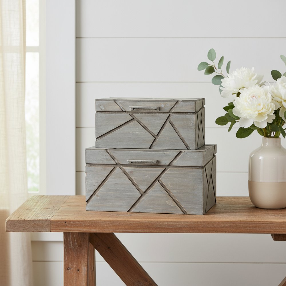 Caja de madera maciza gris de 11" con tapa