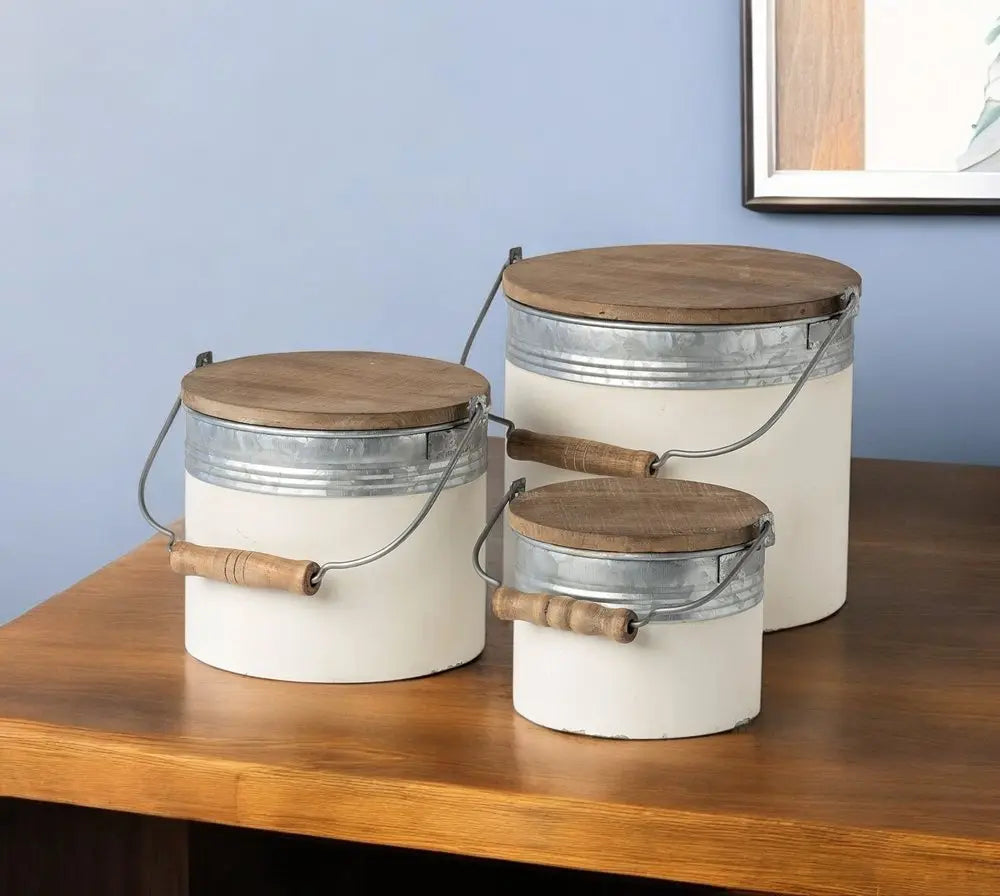 Set Of Three Rustic White Metal Storage Cans HomeRoots
