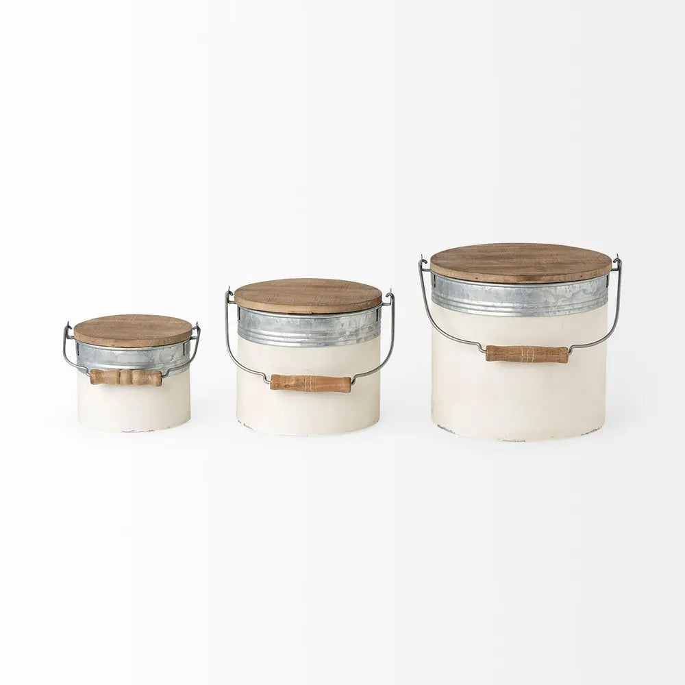 Set Of Three Rustic White Metal Storage Cans HomeRoots