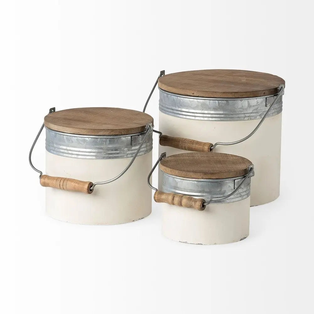 Set Of Three Rustic White Metal Storage Cans HomeRoots