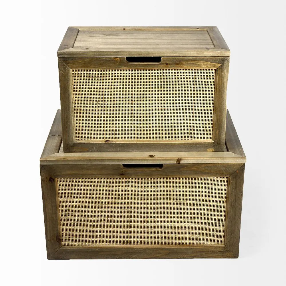 Set of Two Brown And Natural Cane And Solid Wood Box With Lid HomeRoots