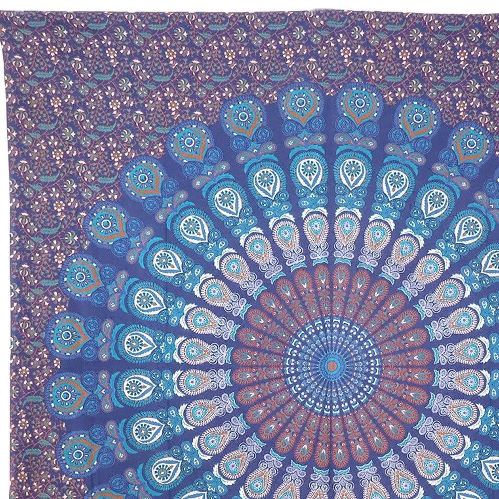 92" X 84" Navy Blue Ivory And Brown Mandala Cotton Hanging Tapestry HomeRoots