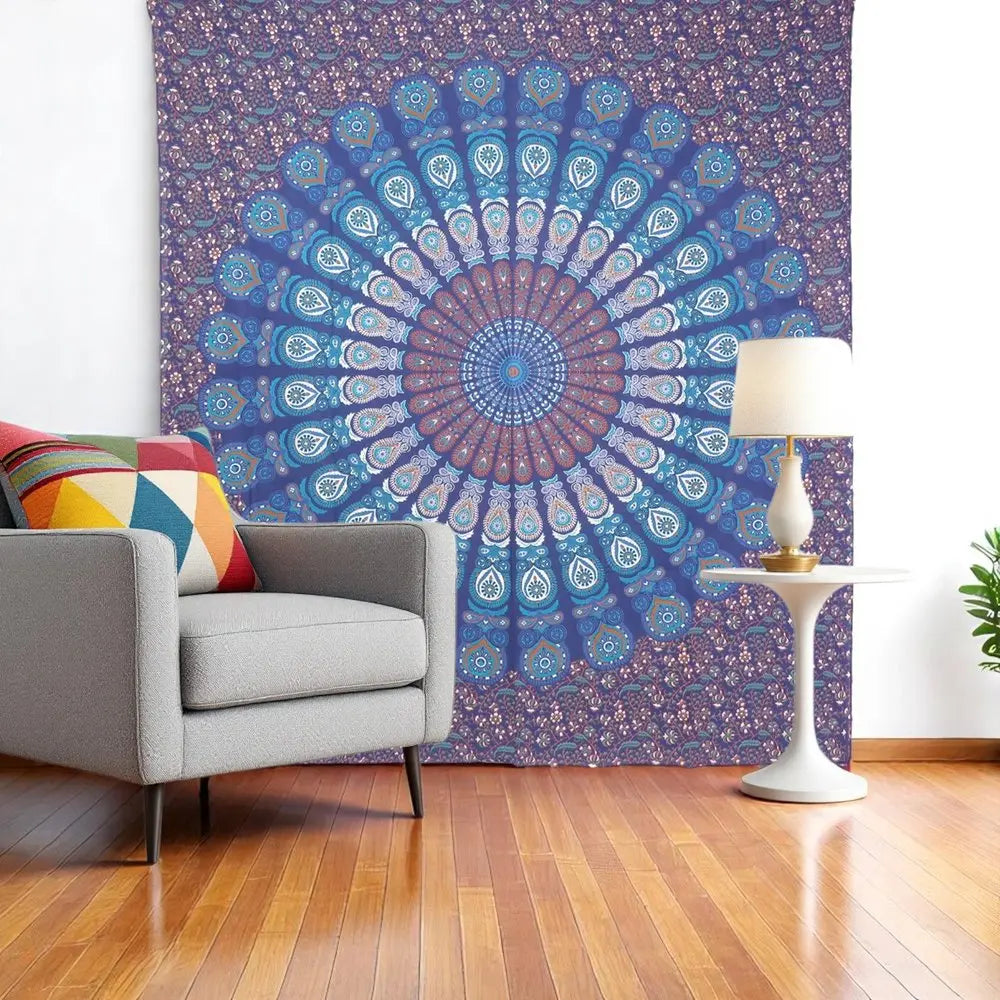 92" X 84" Navy Blue Ivory And Brown Mandala Cotton Hanging Tapestry HomeRoots