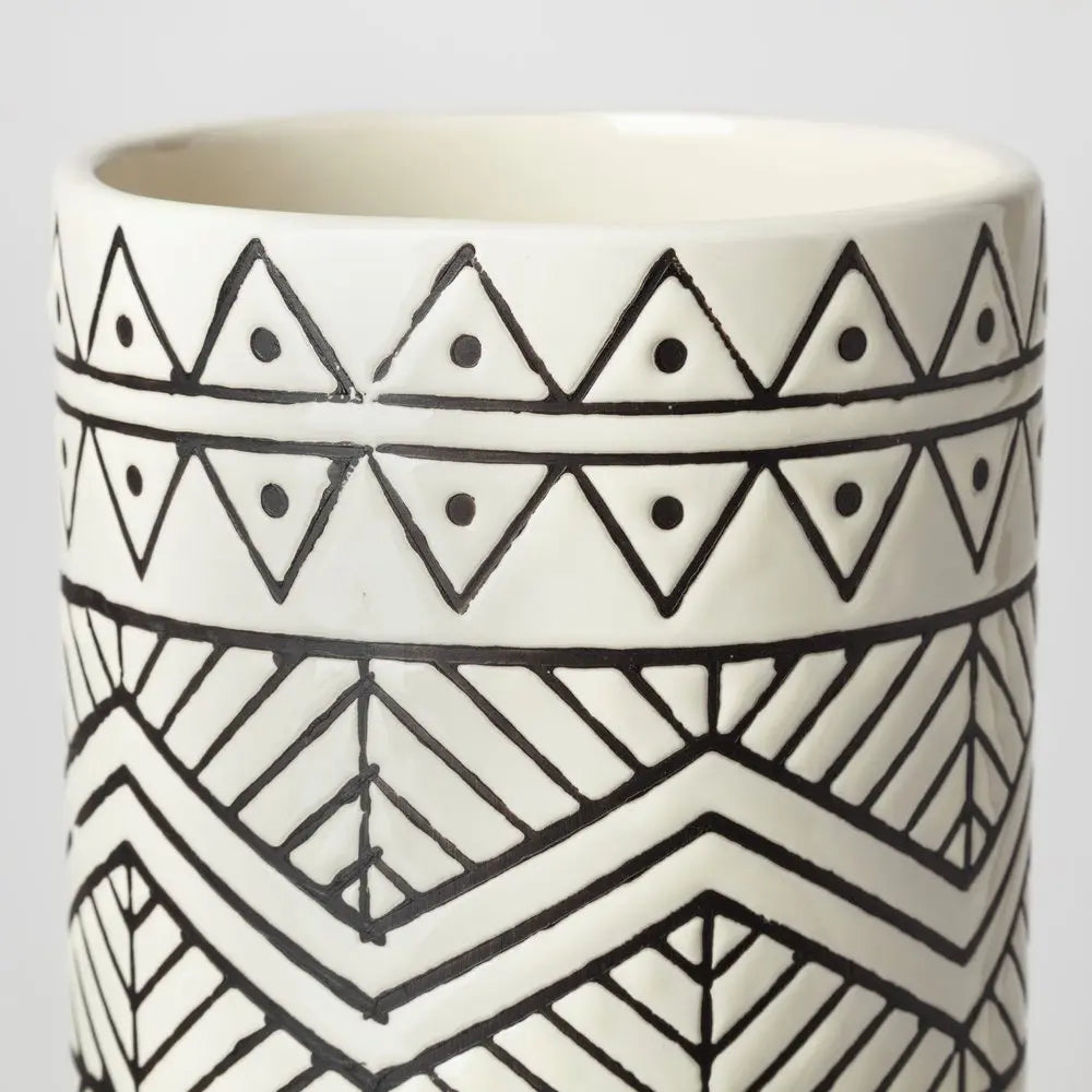 17" Cream and Charcoal Geometric Cylinder Ceramic Vase HomeRoots
