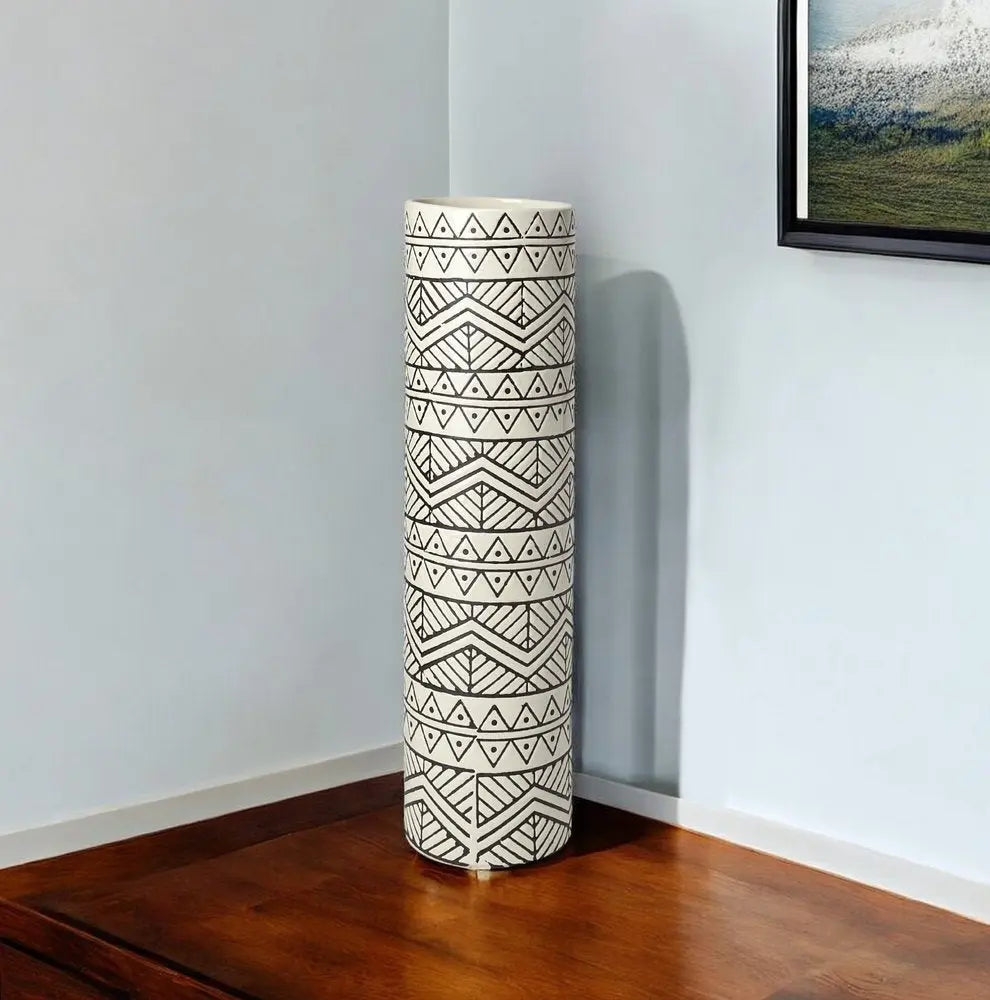17" Cream and Charcoal Geometric Cylinder Ceramic Vase HomeRoots