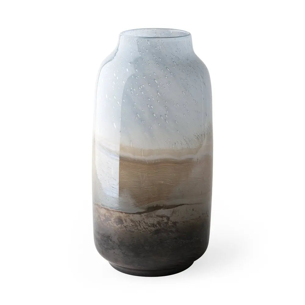 Jarrón de mesa de cristal cilíndrico abstracto azul y beige de 15"