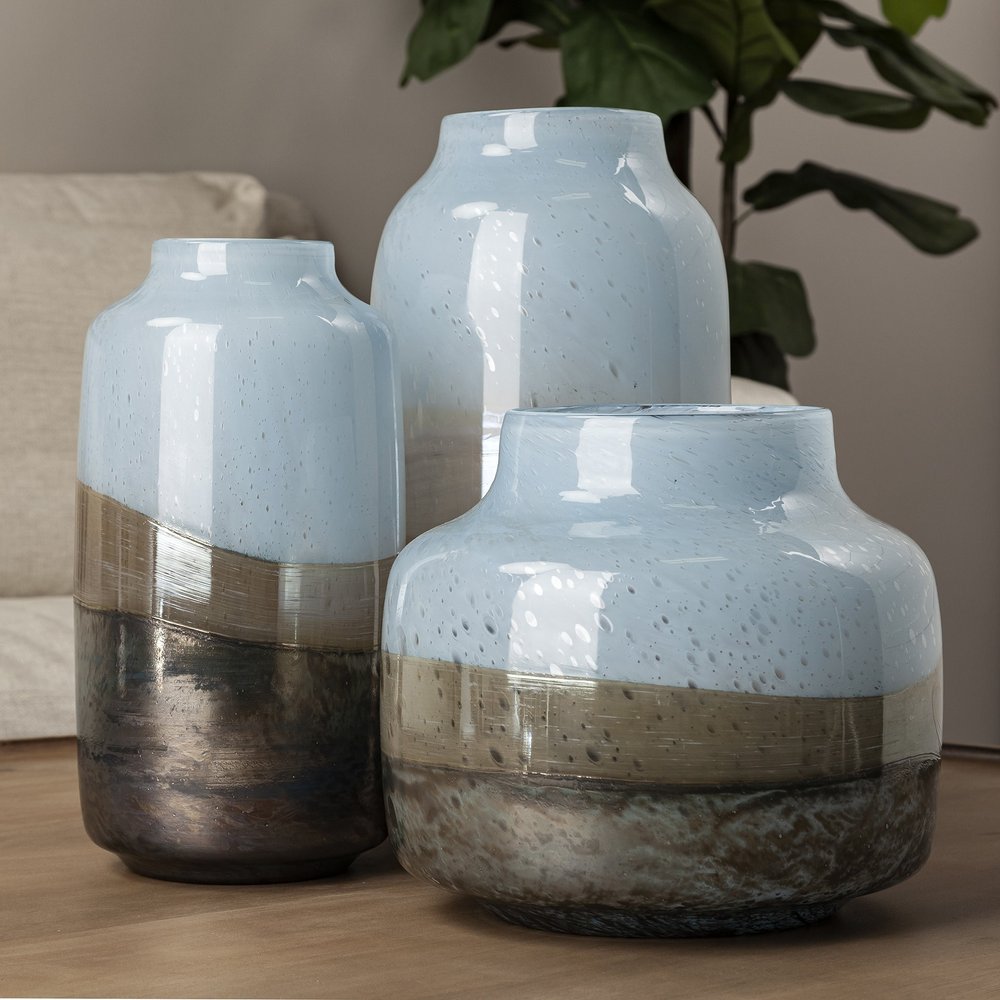 15" Blue And Beige Abstract Cylinder Crystal Glass Table Vase