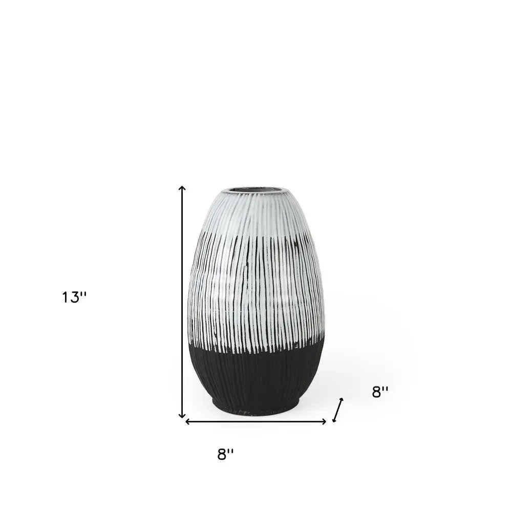 13" Black Gray And White Abstract Cylinder Ceramic Table Vase