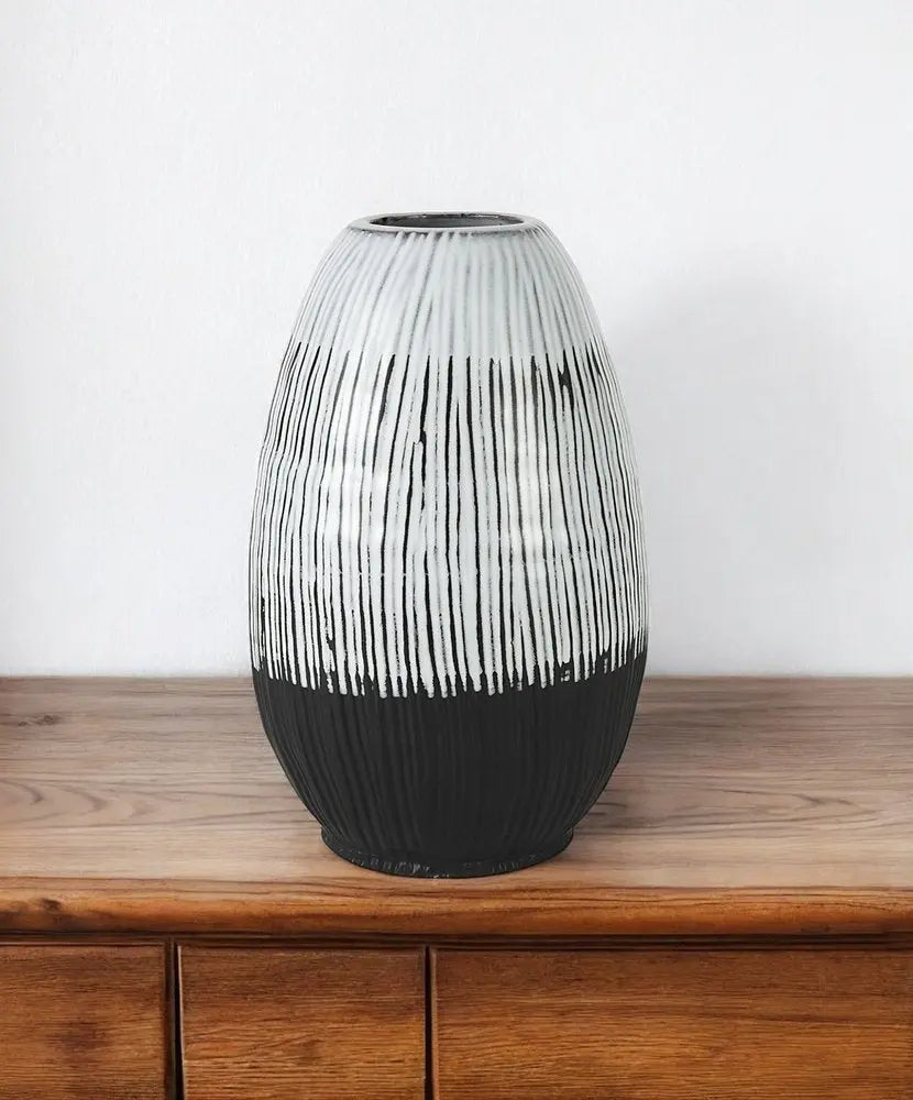13" Black Gray And White Abstract Cylinder Ceramic Table Vase
