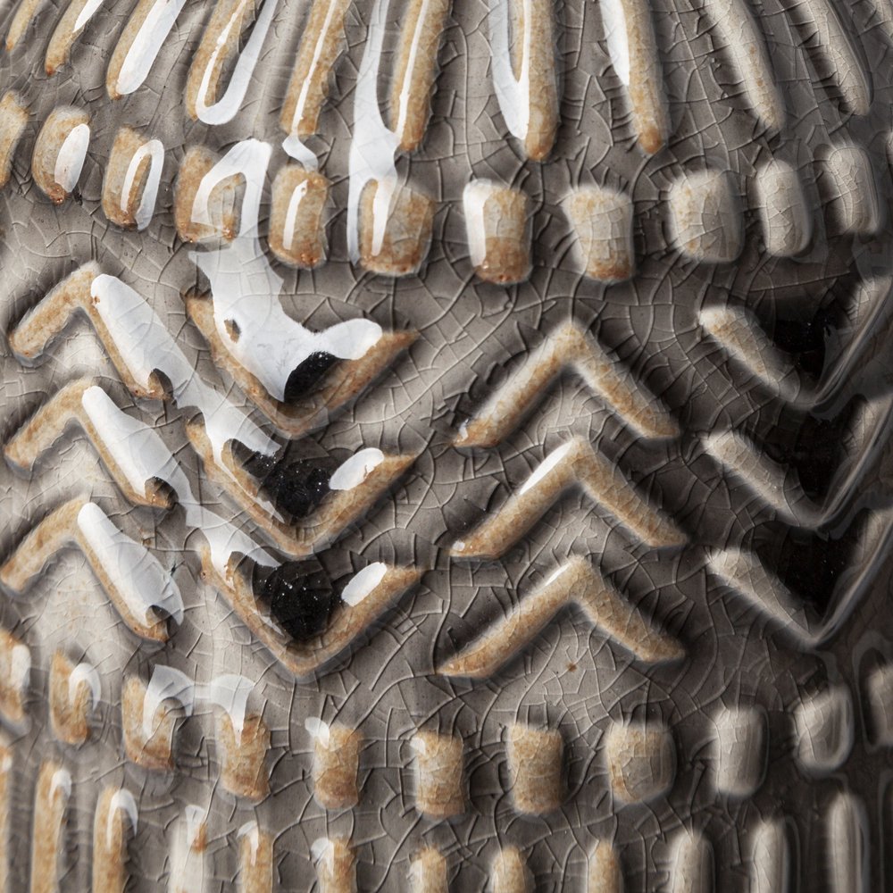 Jarrón de mesa de cerámica cilíndrica abstracta gris de 14"