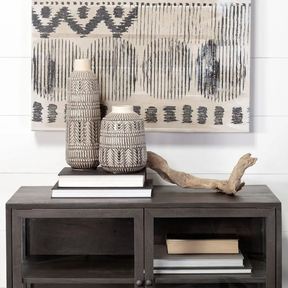 Jarrón de mesa de cerámica cilíndrica abstracta gris de 14"