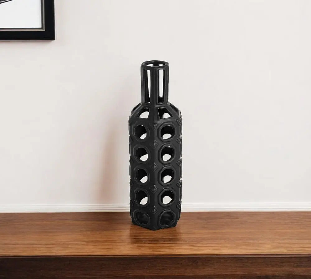 12" Black Ceramic Pierced Geometric Cylinder Table Vase HomeRoots