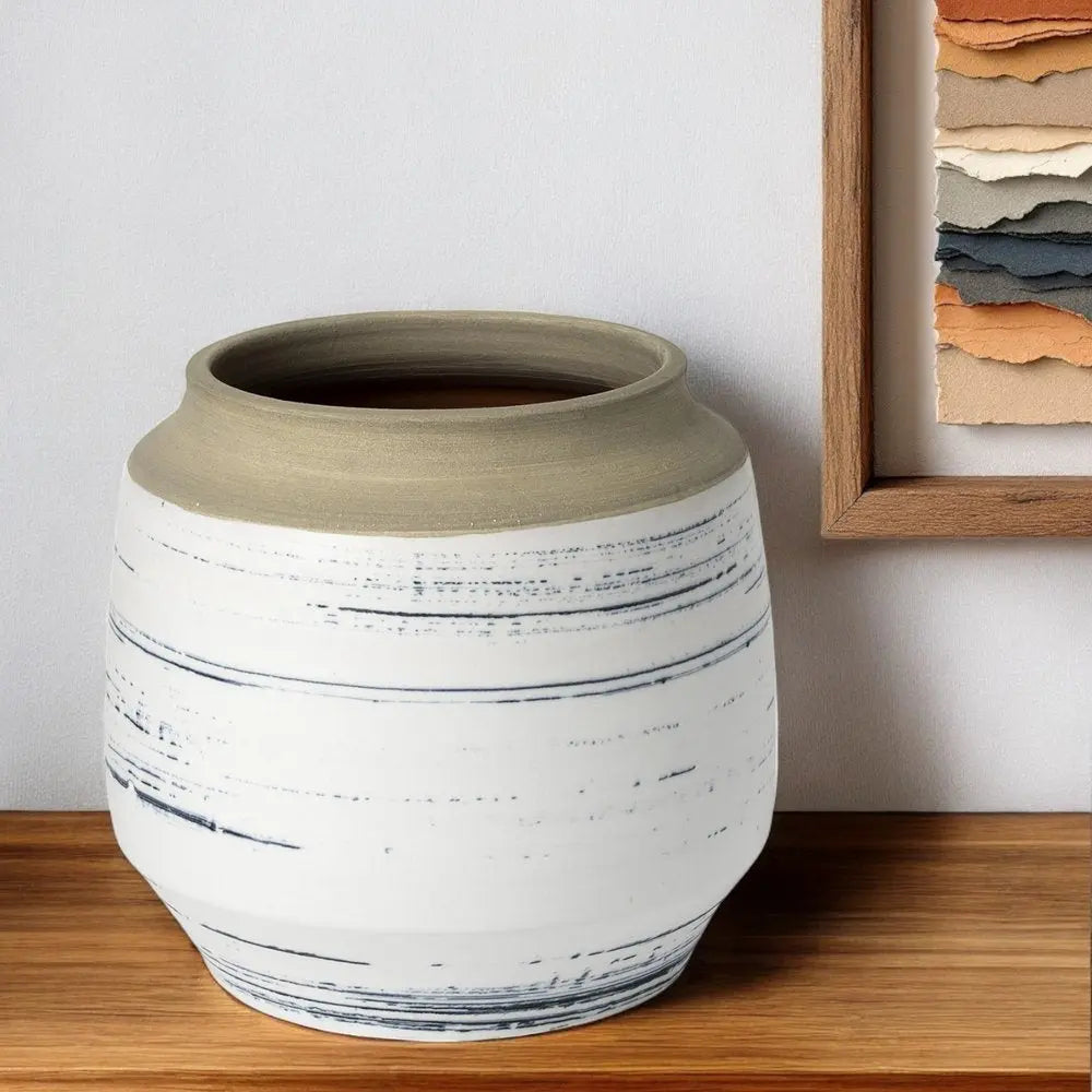 9" White Blue and Sand Abstract Cylinder Ceramic Table Vase HomeRoots