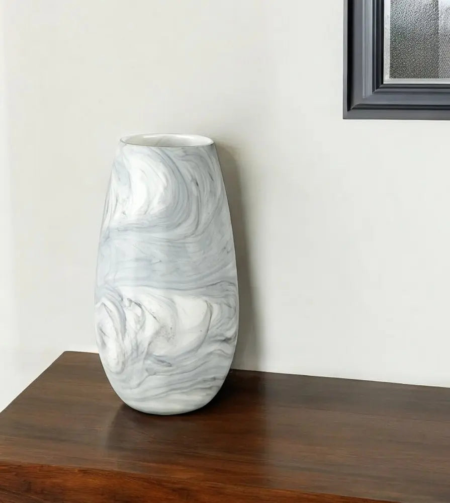 12" Gray And White Abstract Cylinder Crystal Glass Table Vase