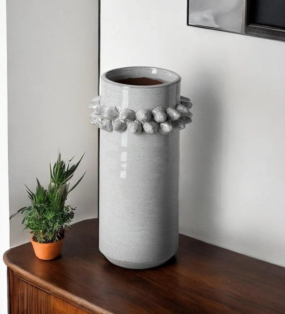 11" Gray Abstract Cylinder Ceramic Table Vase