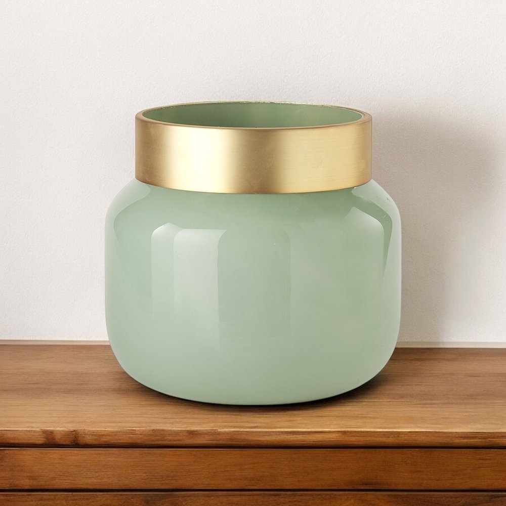 Jarrón de mesa de cristal cilíndrico abstracto verde de 10"