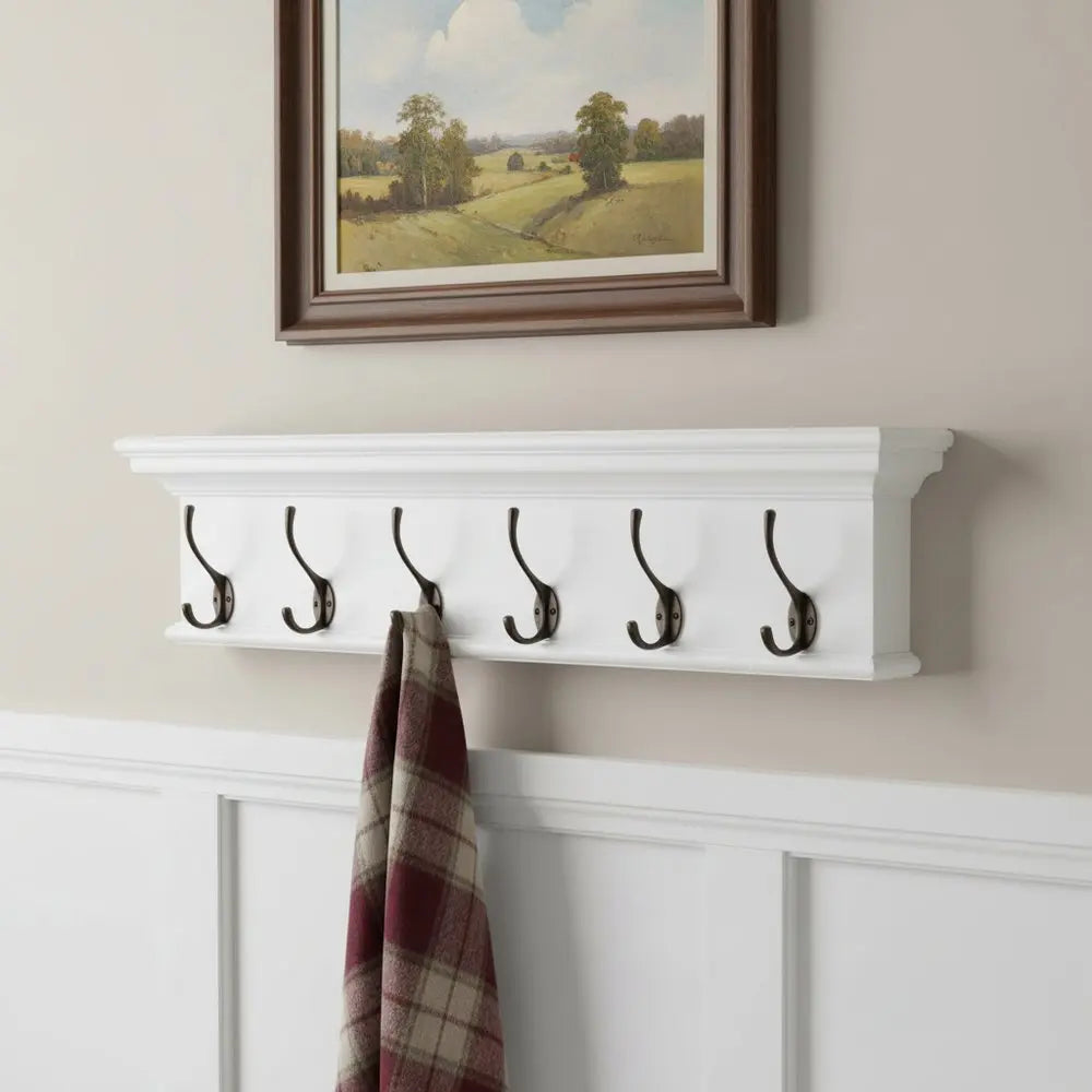 39" Classic White Wood Six Hook Hanging Coat Rack - NOVA HOME FURNITURE