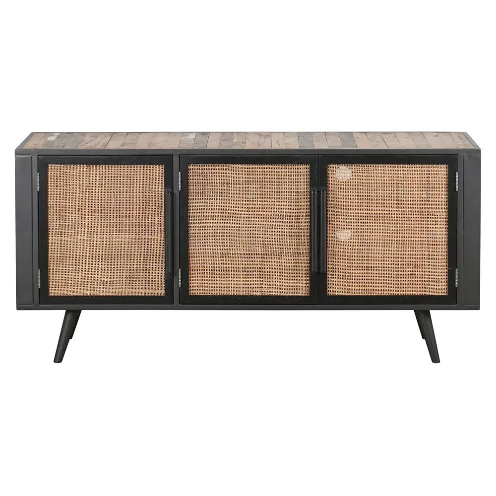 Rustic Black Natural and Rattan Media Cabinet with Three Doors HomeRoots