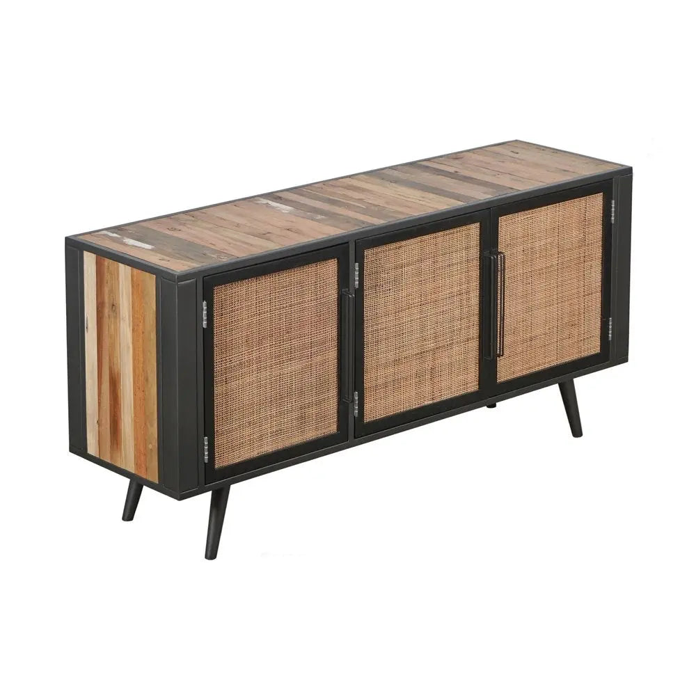 Rustic Black Natural and Rattan Media Cabinet with Three Doors HomeRoots