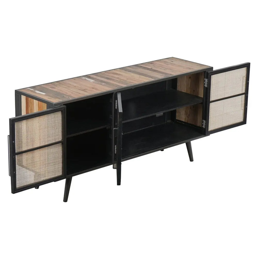 Rustic Black Natural and Rattan Media Cabinet with Three Doors HomeRoots