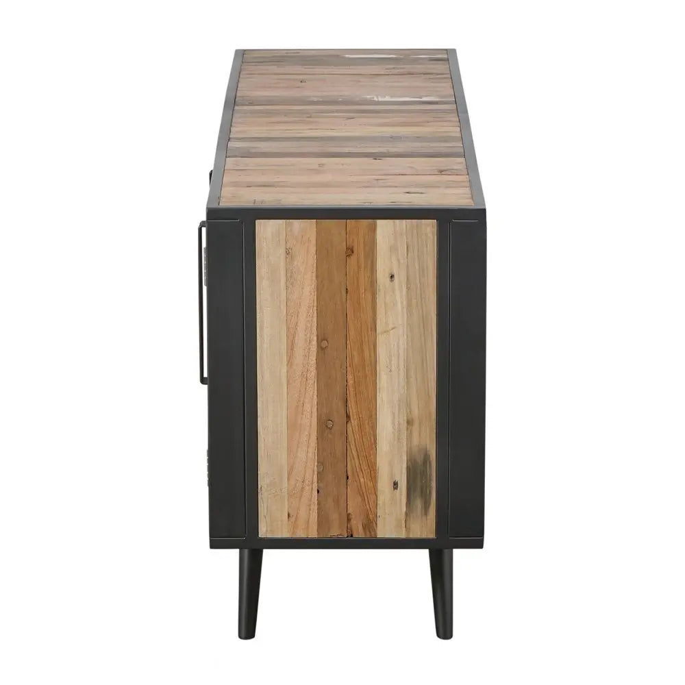 Rustic Black Natural and Rattan Media Cabinet with Three Doors HomeRoots