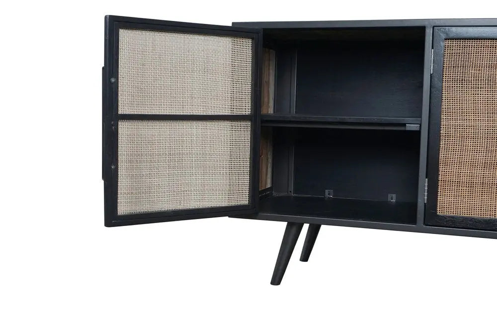 Rustic Black Natural and Rattan Media Cabinet with Three Doors HomeRoots