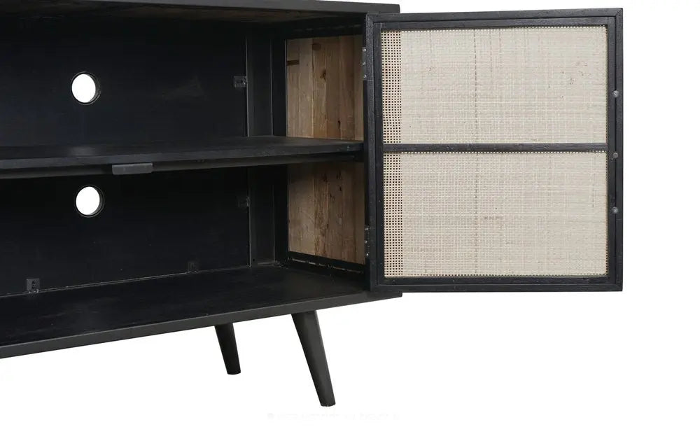 Rustic Black Natural and Rattan Media Cabinet with Three Doors HomeRoots