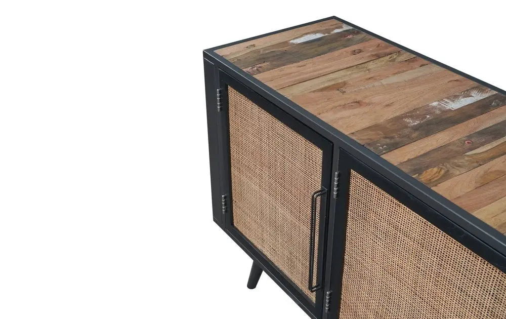 Rustic Black Natural and Rattan Media Cabinet with Three Doors HomeRoots