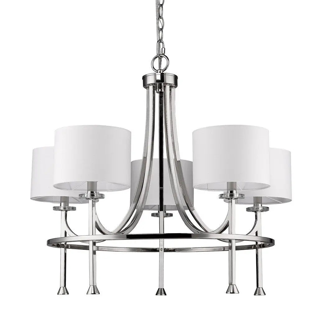 Silver Candle Style Five Light Metal and Crystals Dimmable Chandelier With White Shades HomeRoots