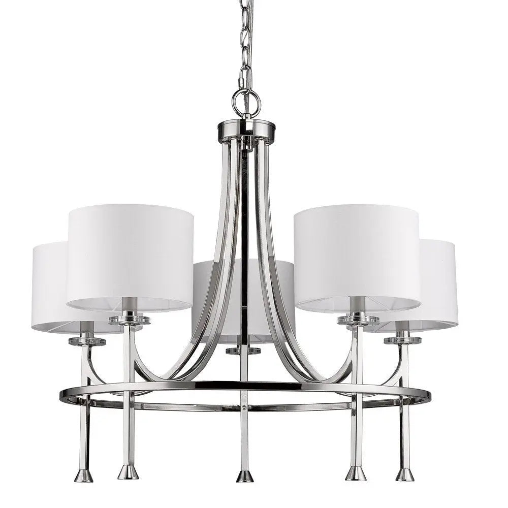Silver Candle Style Five Light Metal and Crystals Dimmable Chandelier With White Shades HomeRoots