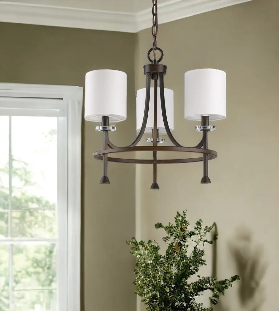 Bronze Candle Style Three Light Metal Dimmable Chandelier With White Shades HomeRoots