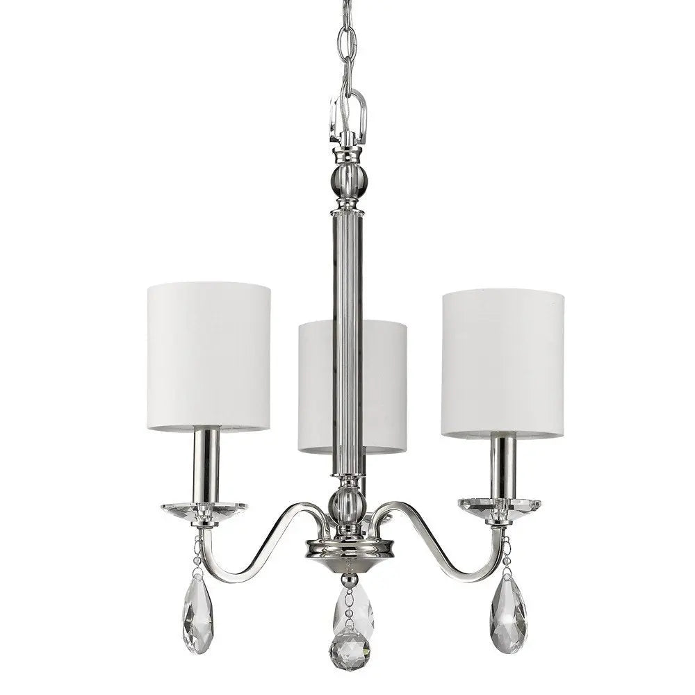 Silver Candle Style Three Light Metal and Crystals Dimmable Chandelier With White Shades HomeRoots